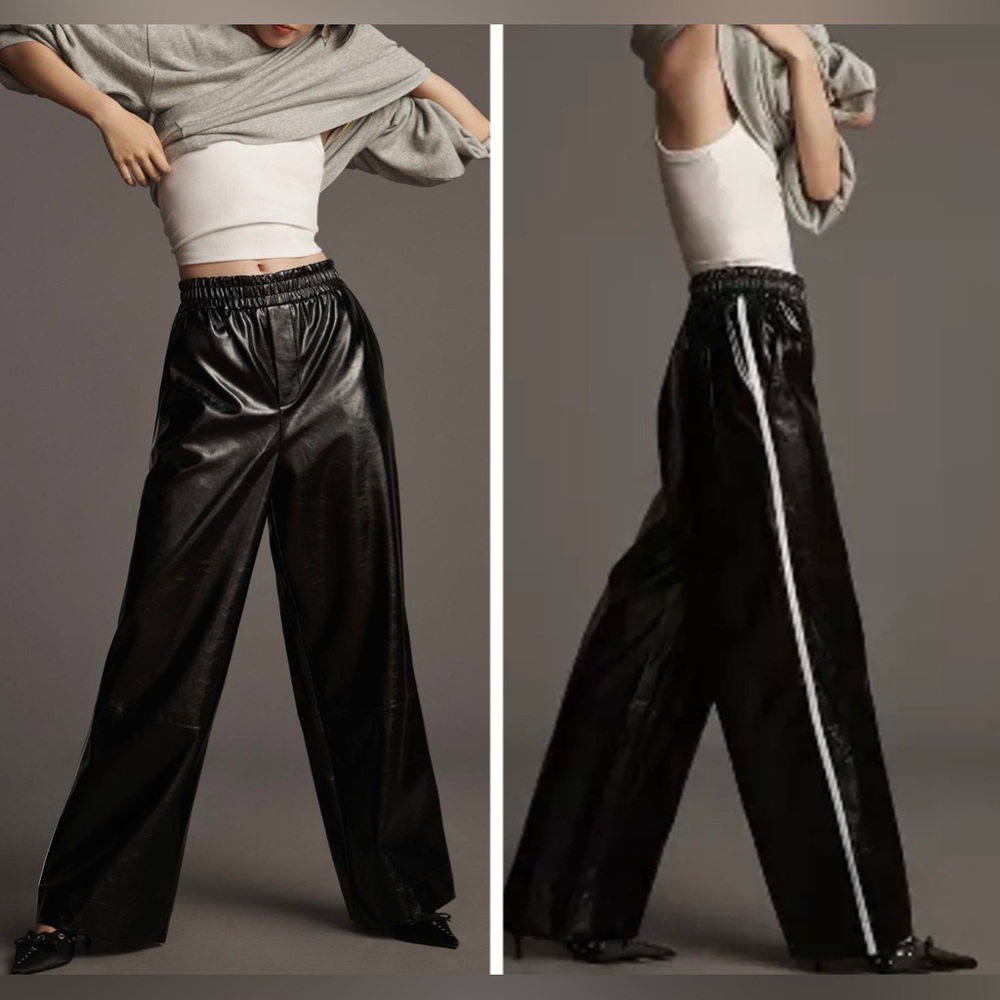 Maeve Shiny Black Wide Leg Pants with White Stripe